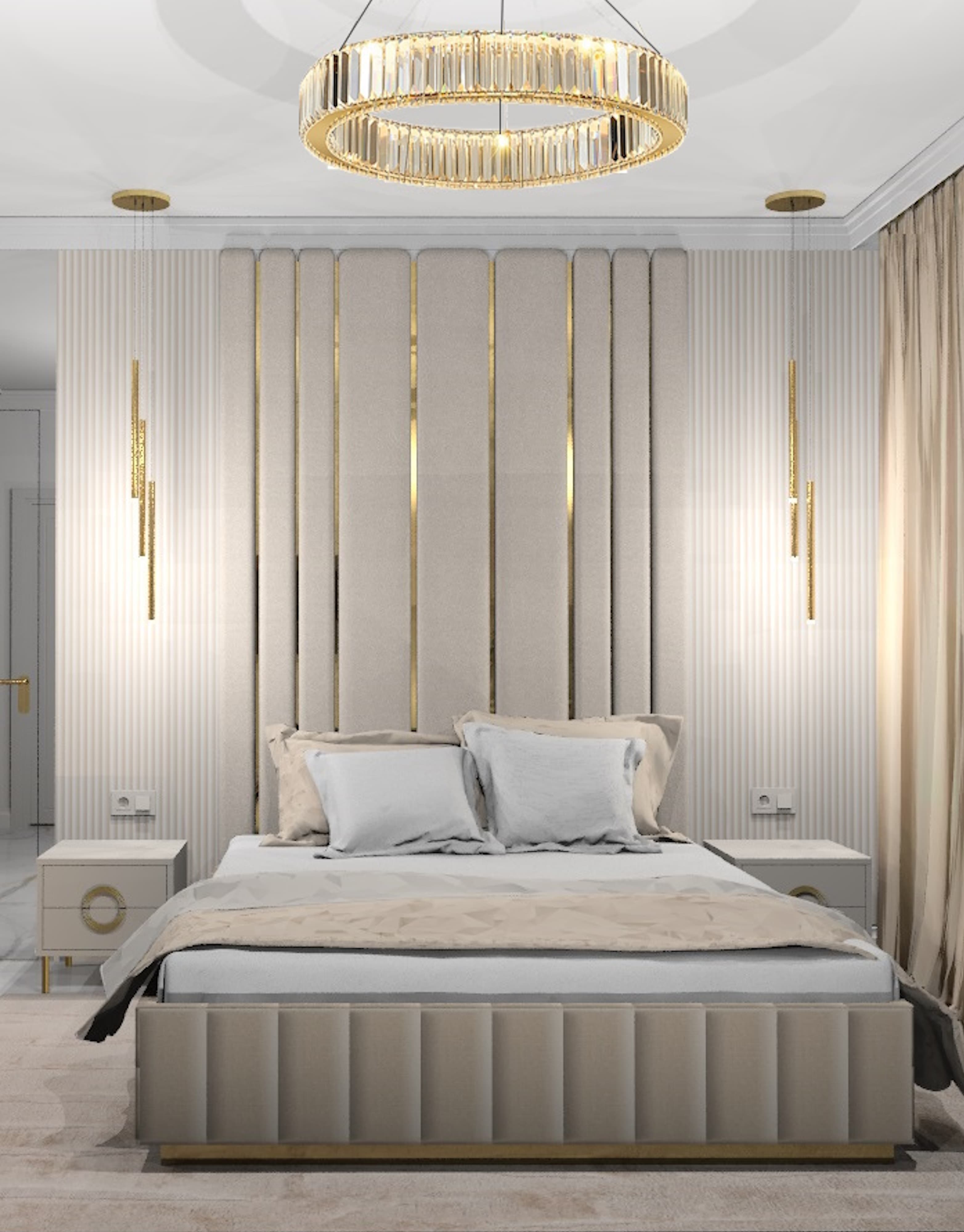 Nowoczesne schody drewniane z przeszkloną balustradą w eleganckim wnętrzu domu, z dekoracyjną ścianą w tle i designerskimi detalami
